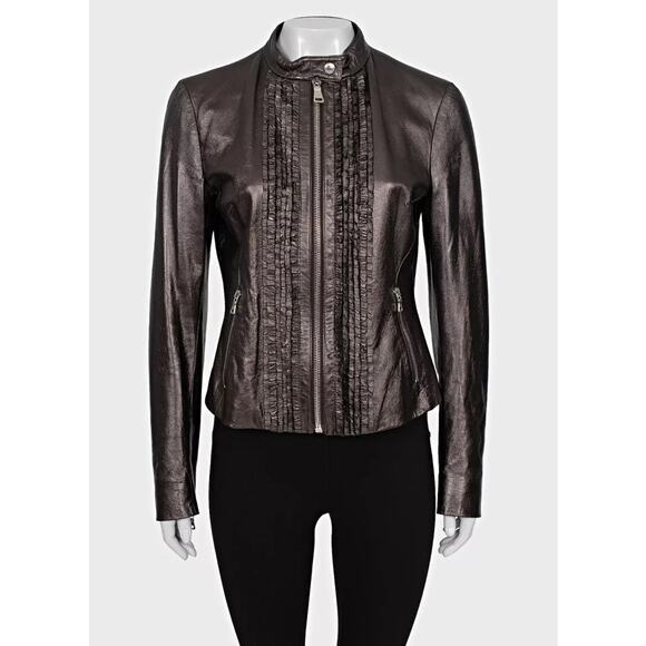 Prada Brown Leather Ruffle Jacket - Size XL (IT46) - Picture 1 of 4